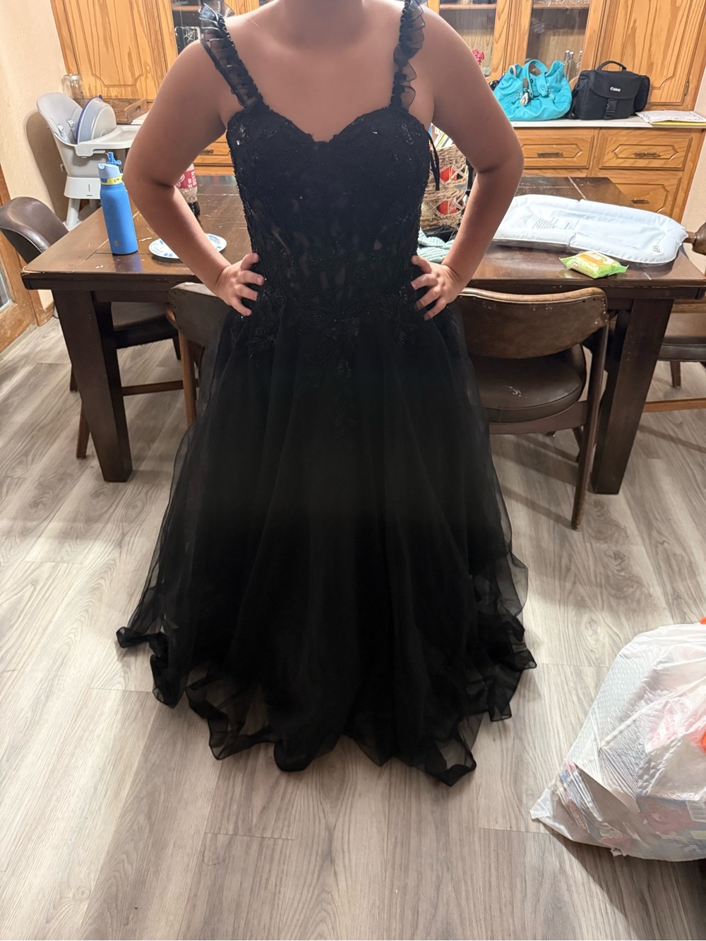 Windsor Black Lace & Tulle Prom Gown with Ruffled Straps